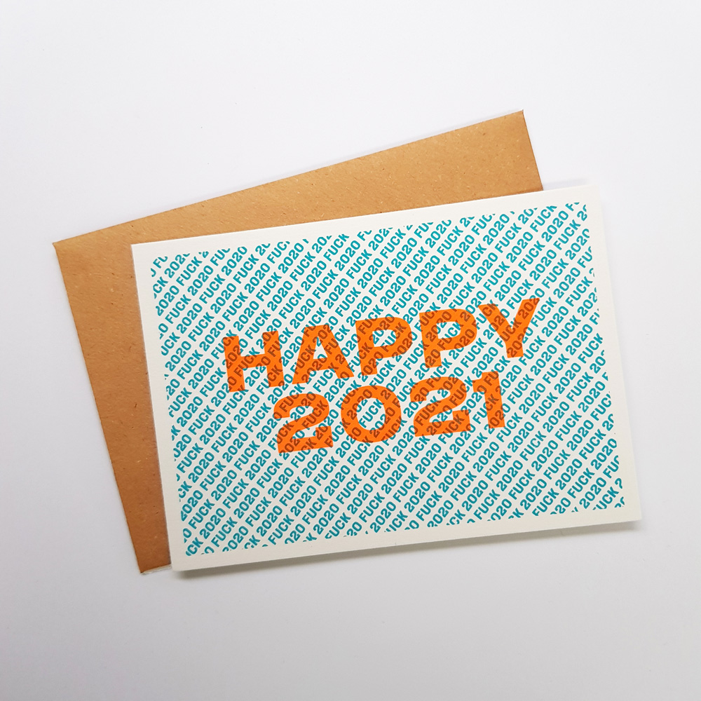 Nieuwjaarskaart Fuck 2020 Happy 2021 blauw oranje