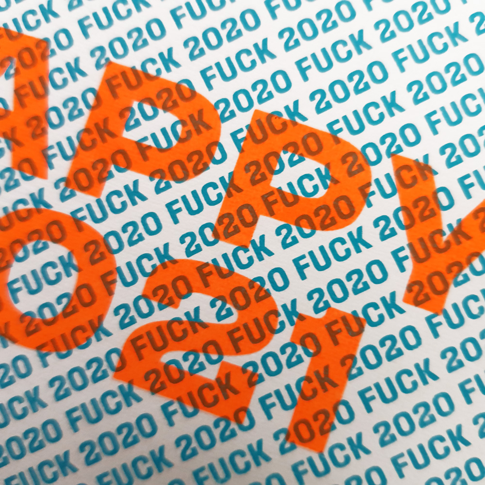 Nieuwjaarskaart Fuck 2020 Happy 2021 blauw oranje