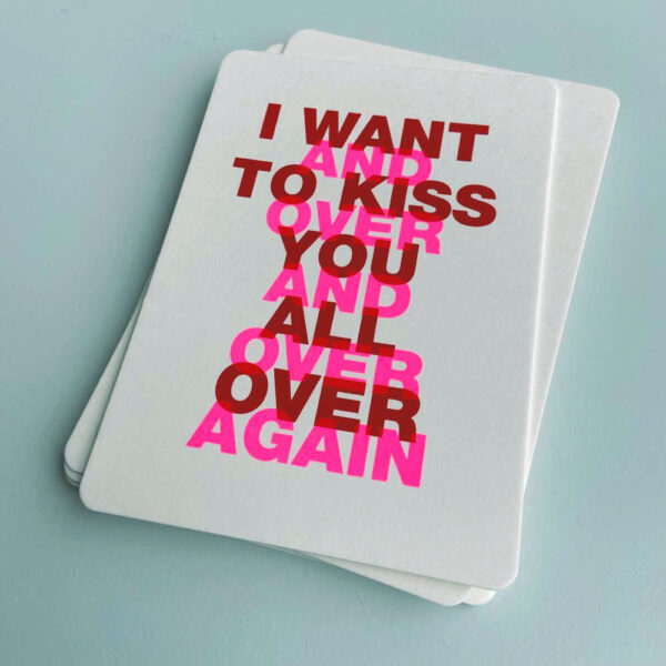 Zeefdruk wenskaart I WANT TO KISS - rood/roze