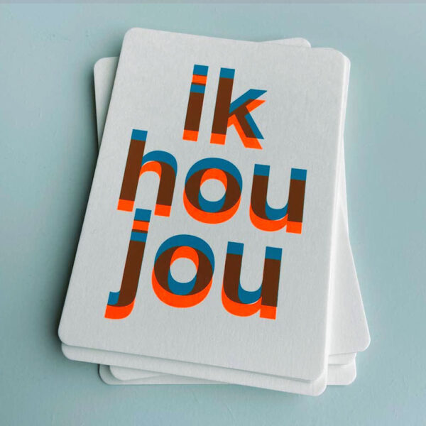 Zeefdruk wenskaart IK HOU JOU - blauw/oranje