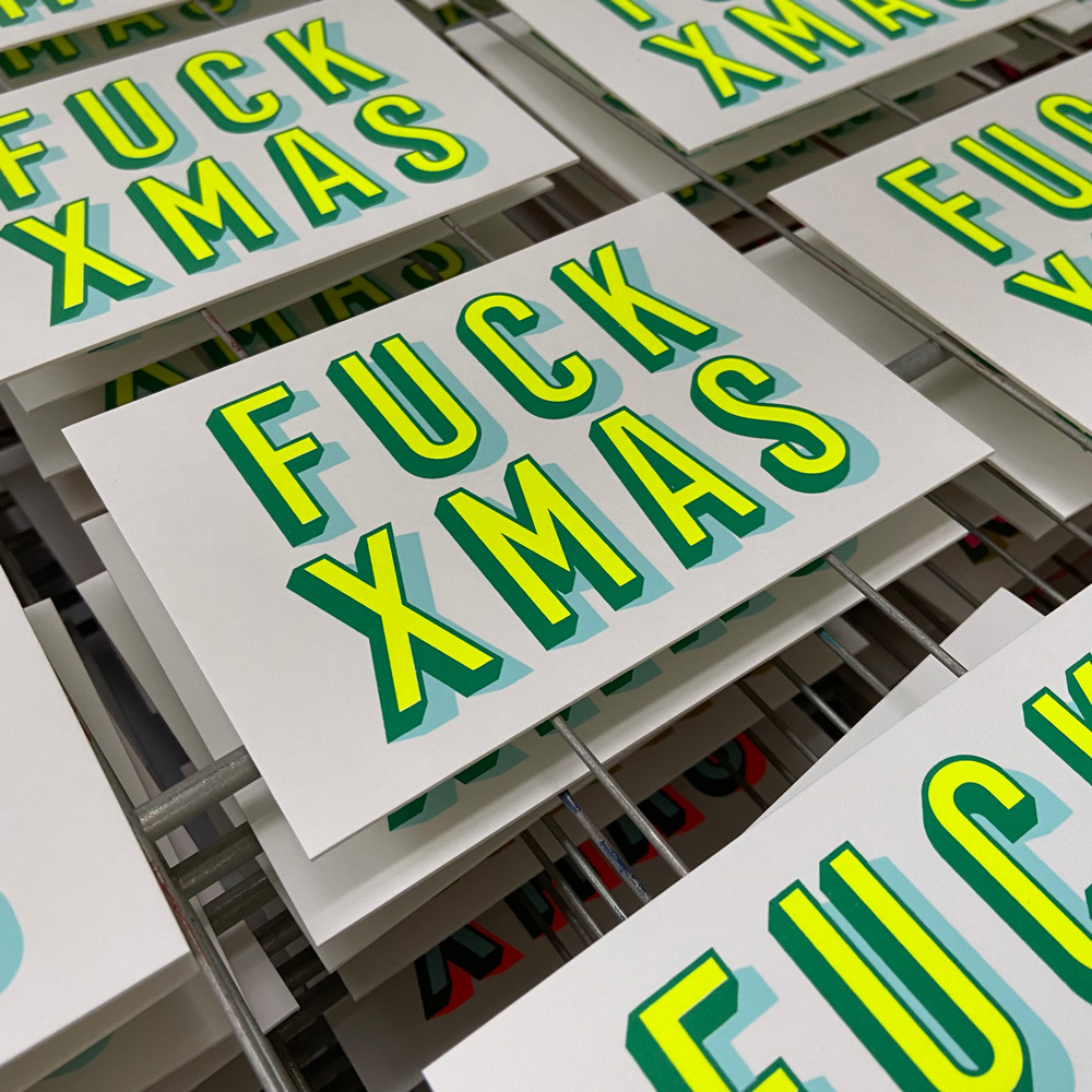 Zeefdruk wenskaart FUCK XMAS - fluor geel/groen