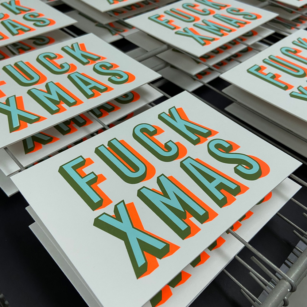 Zeefdruk kerstkaart FUCK XMAS - mintgroen/fluor oranje