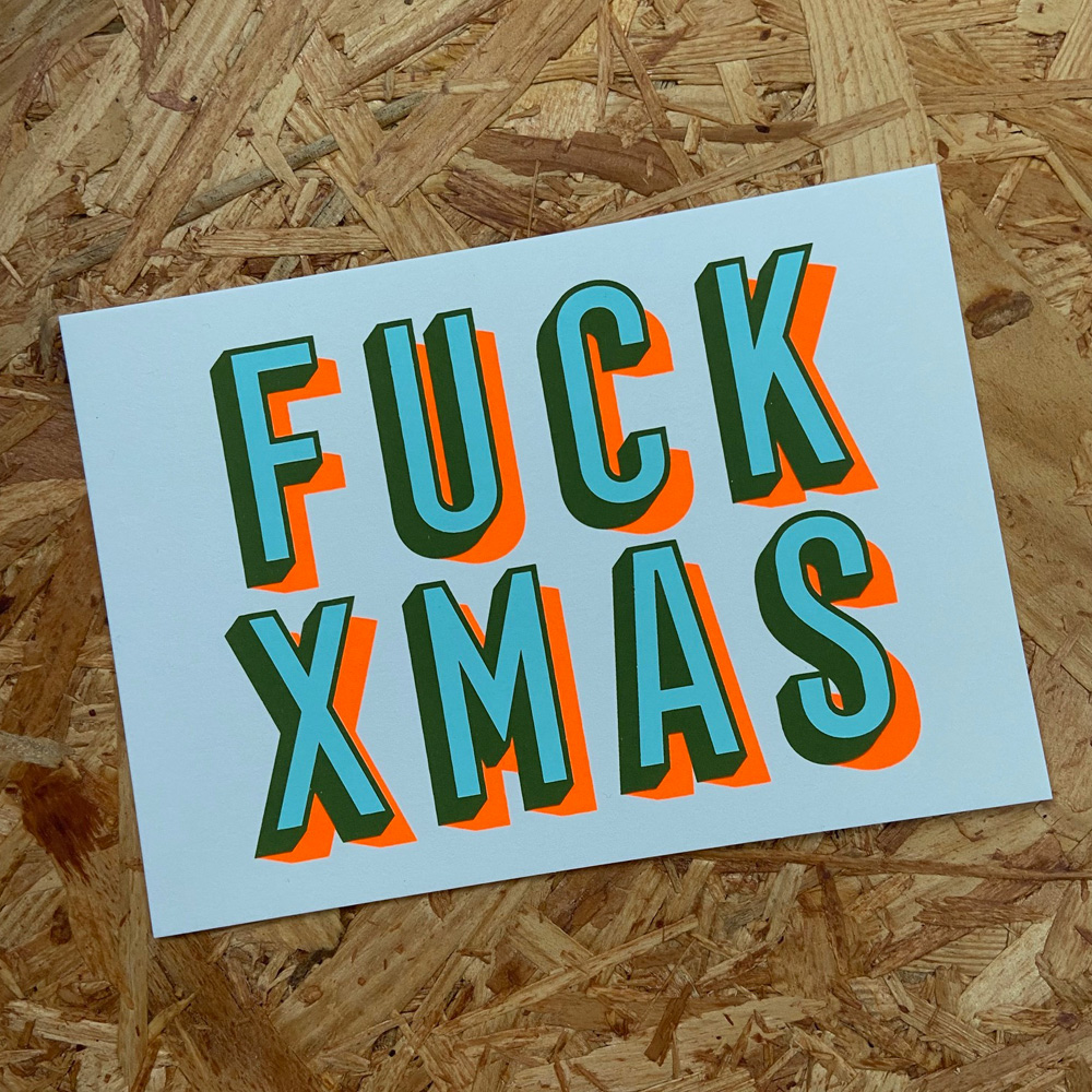 Zeefdruk kerstkaart FUCK XMAS - mintgroen/fluor oranje
