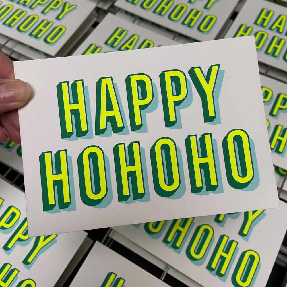 Zeefdruk wenskaart HAPPY HOHOHO - fluor geel/groen