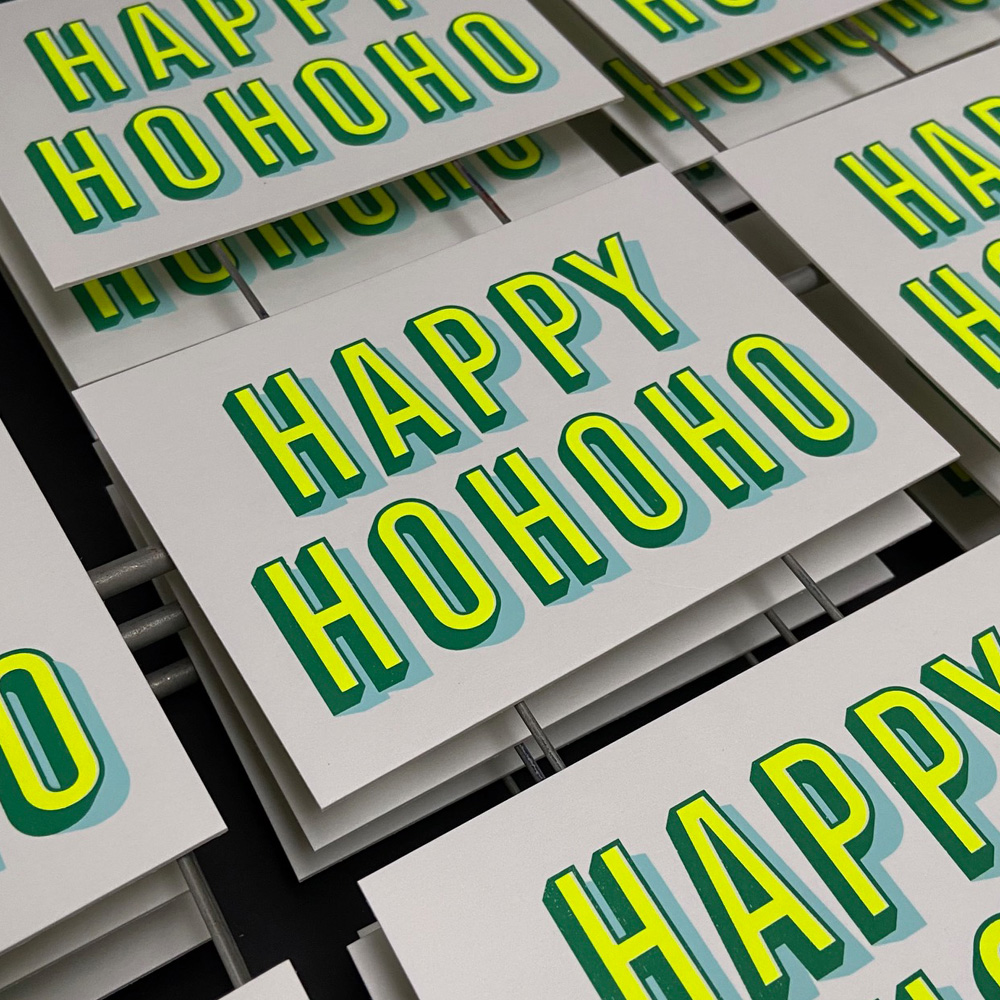 Zeefdruk wenskaart HAPPY HOHOHO - fluor geel/groen