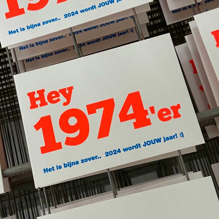 Gezeefdrukte nieuwjaarskaart hey 1974'er