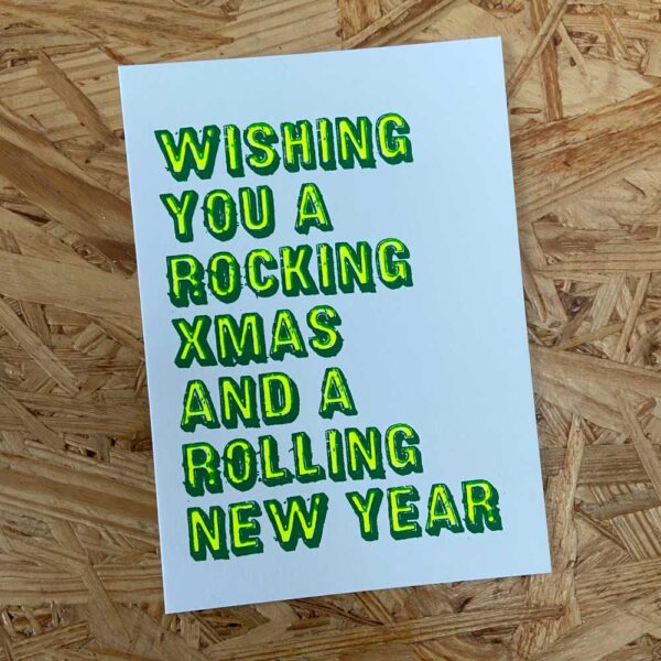 Gezeefdrukte nieuwjaarskaart rocking and rolling
