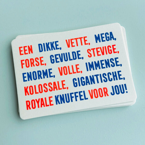 Zeefdruk wenskaart DIKKE VETTE KNUFFEL - blauw/oranje
