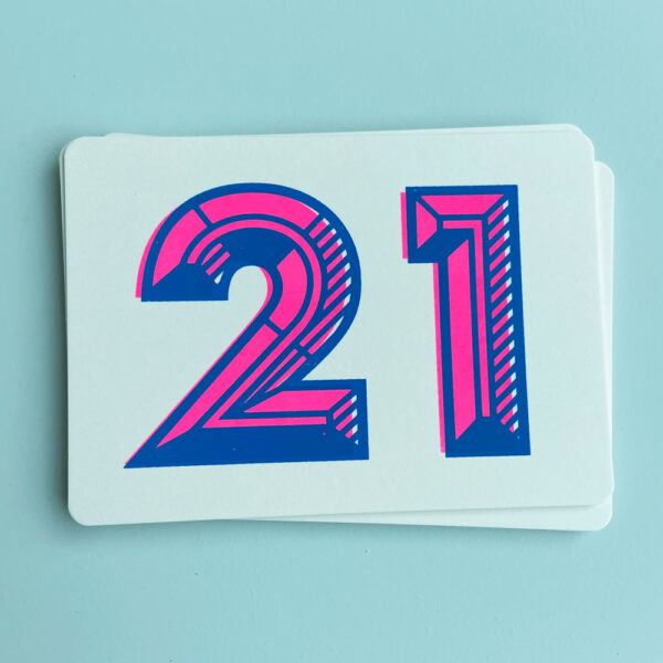 Zeefdruk wenskaart 21 - blauw/roze